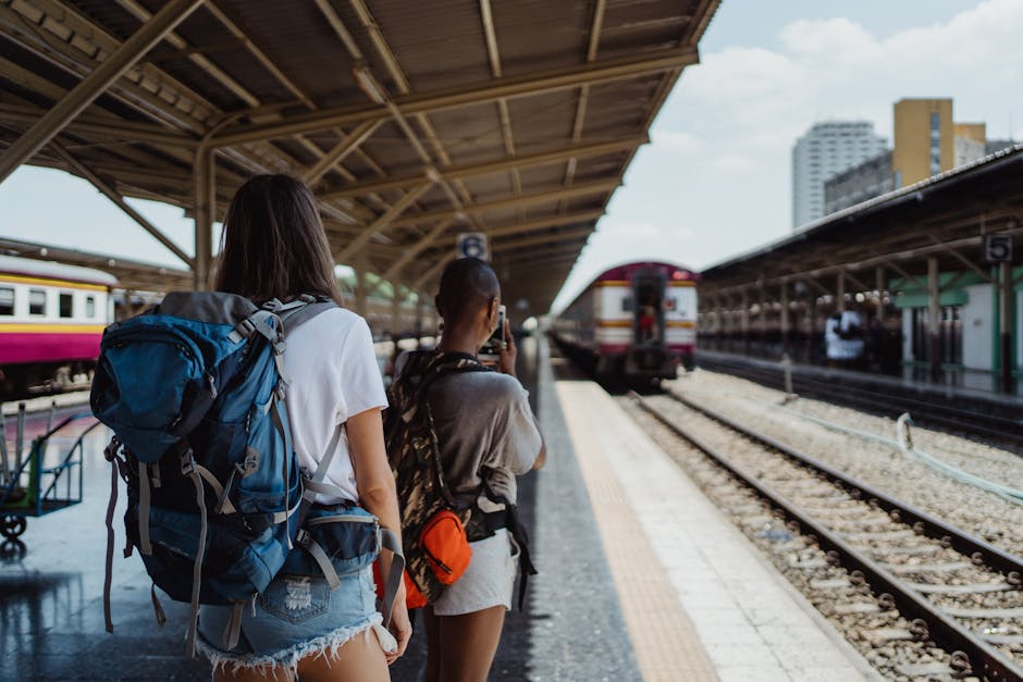 Backpackers at train station in France