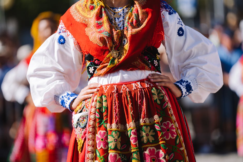 close up of intricate embroidery on Russian traditional garment