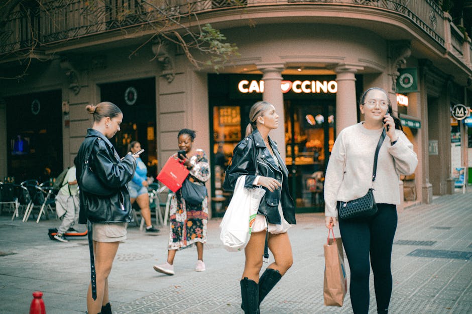 Comfortable fashion women strolling Barcelona