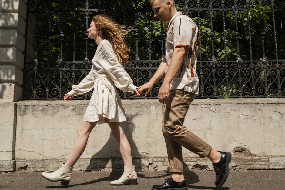 Couple walking city street casual fashion