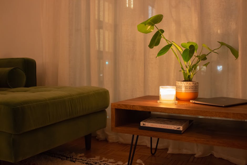 cozy living room with plants and soft lighting