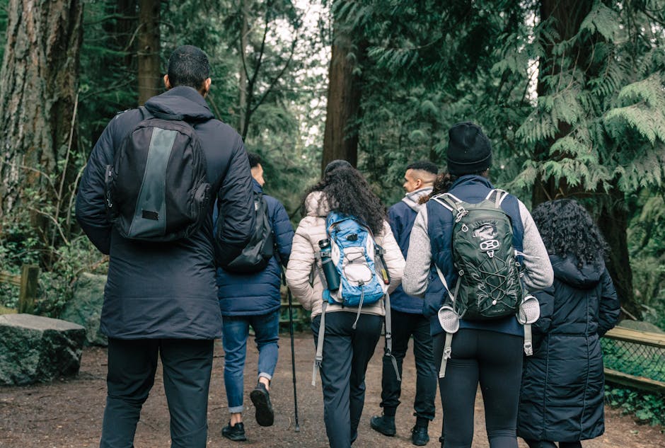 diverse group walking in nature