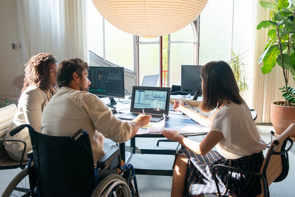 Diverse team collaborating with AI data visualization