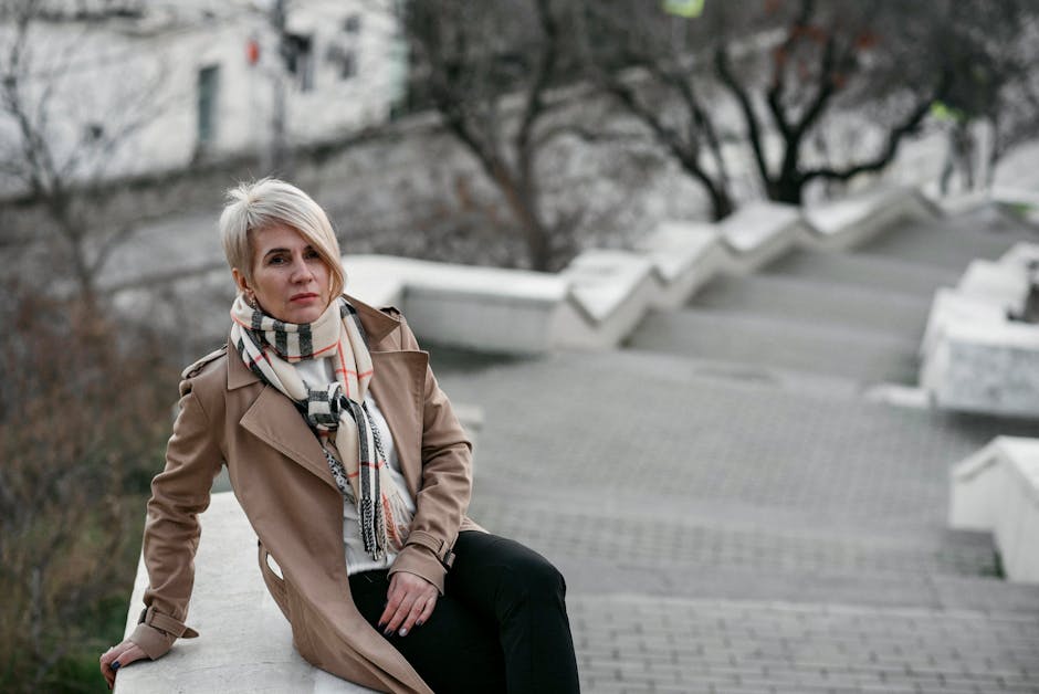 elegant woman winter coat scarf