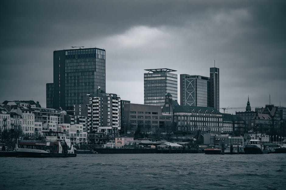 european city skyline with data overlay