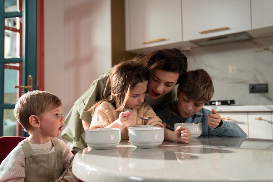 Family having cozy Sunday breakfast