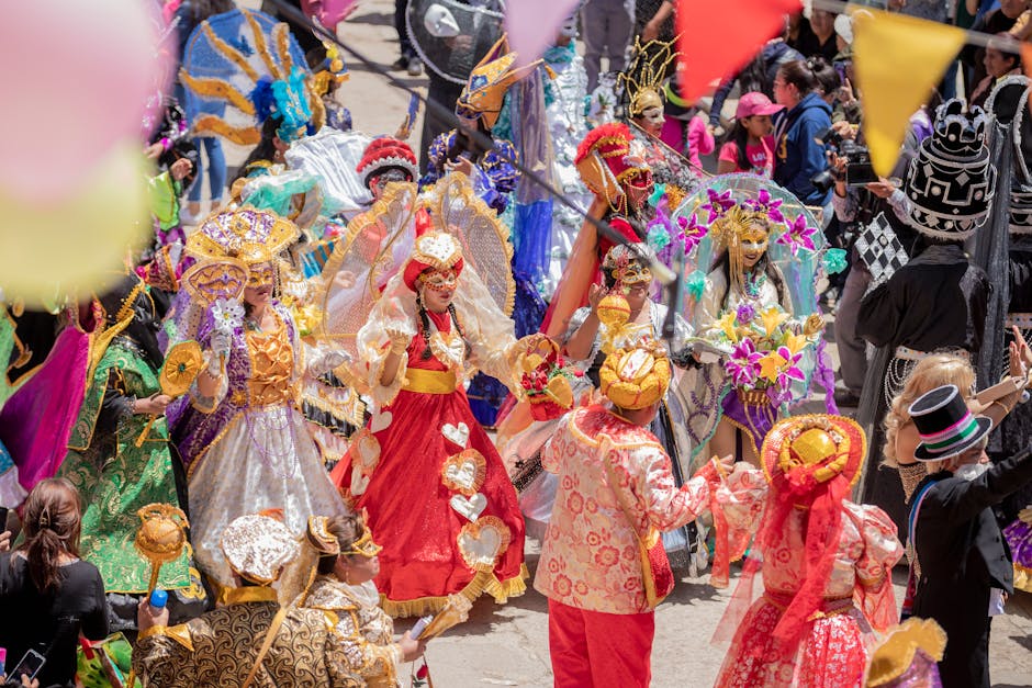 Festival crowd dancing, vibrant outfits