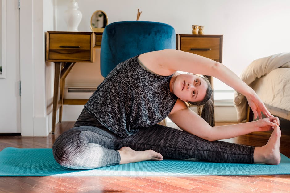 flexible woman stretching in a messy room