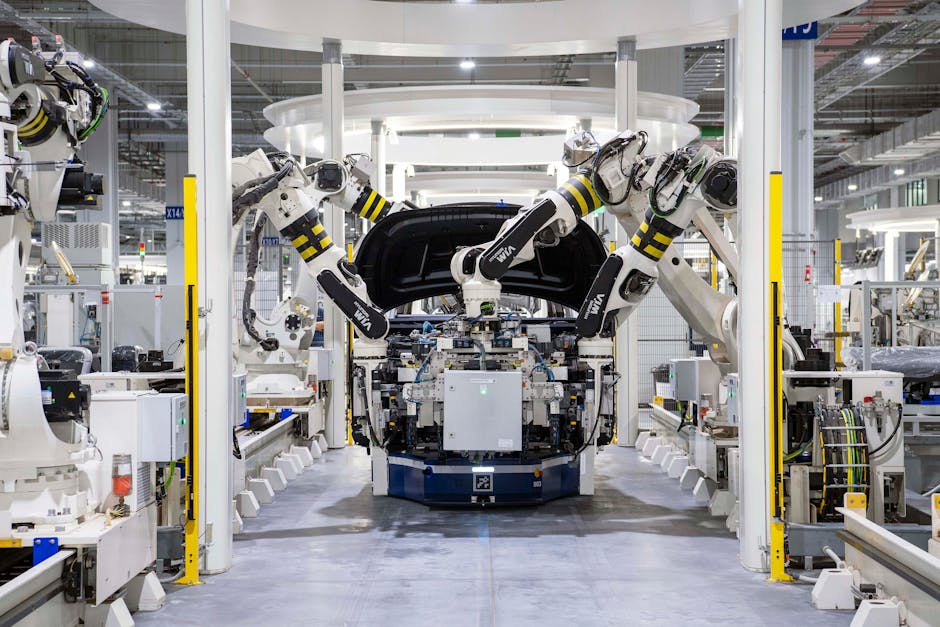 futuristic factory with robotic arms efficiency