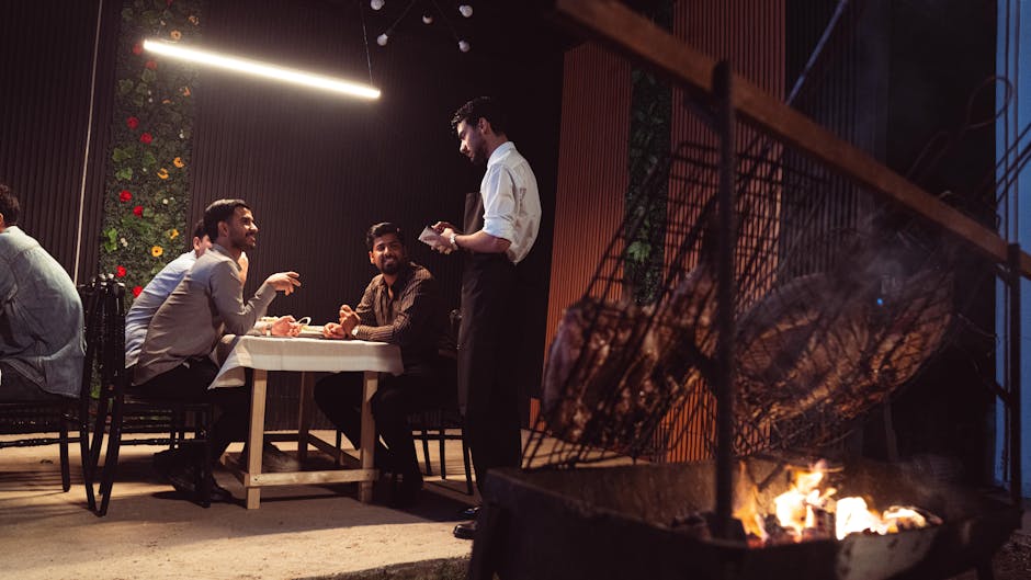 Group of friends laughing at a Brazilian barbecue