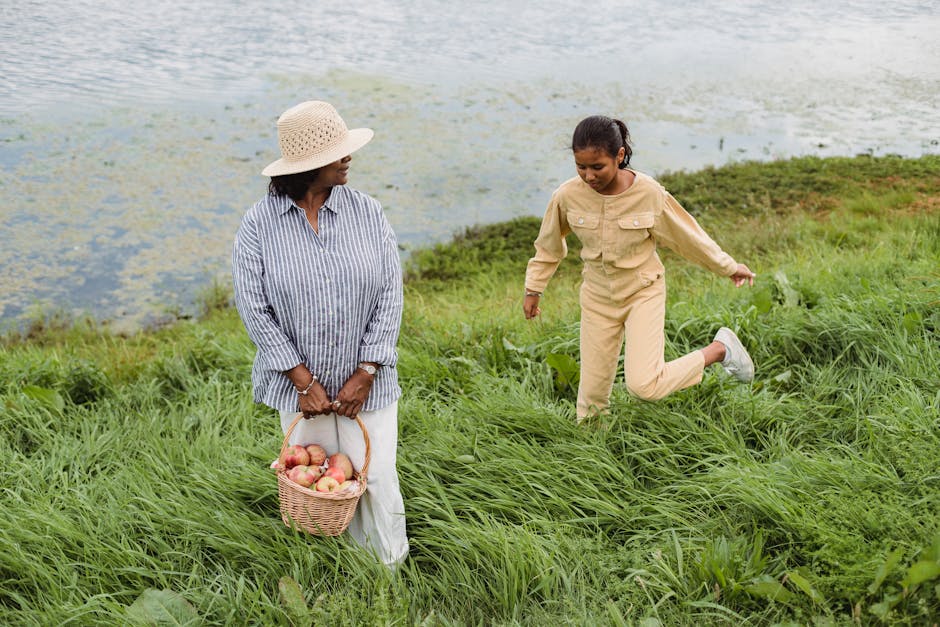 Happy woman walking outdoors with healthy food in basket