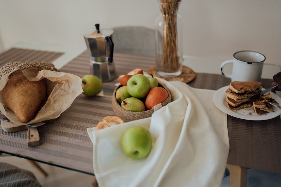 healthy breakfast and coffee on table