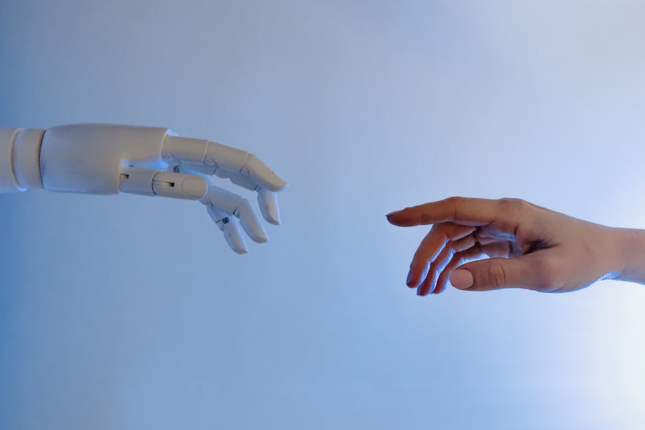 human hand working with AI robot hand collaborative