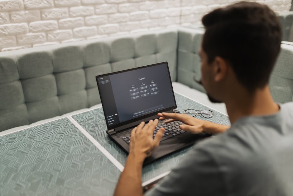 Independent professional in modern office with AI interface