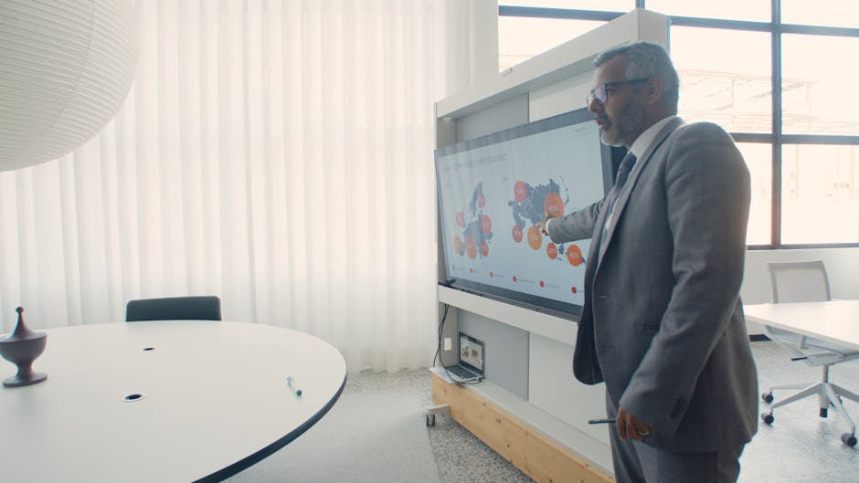 Italian business meeting with AI data visualization