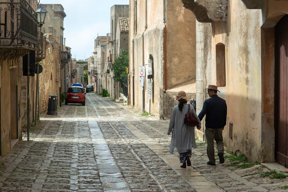 Italian couple walking historic street