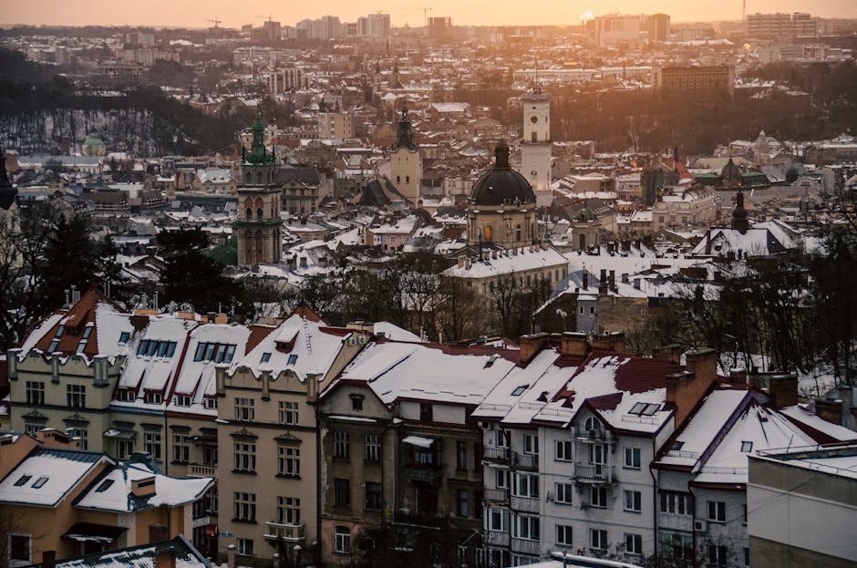 Lviv panoramic city view sunset