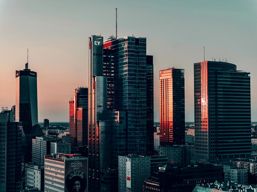 Modern Warsaw skyline sunset