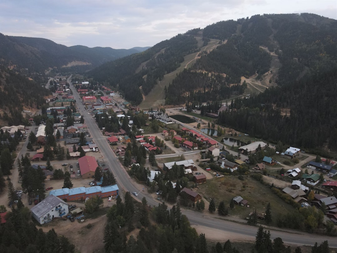 Mountain spa town aerial