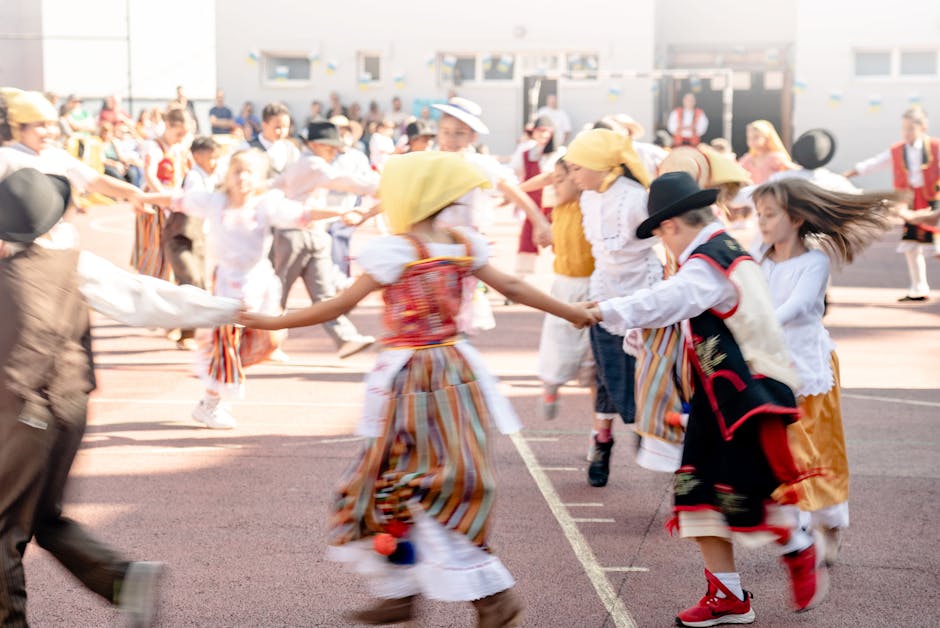 People dancing Ukrainian folk dance outdoors