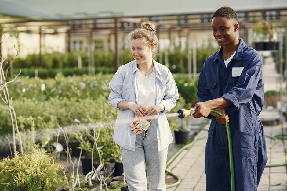 People in a community garden working together cheerfully