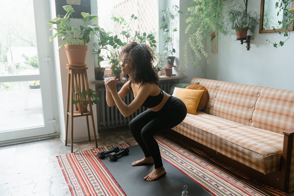 person doing squats in living room