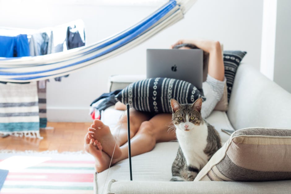 Person relaxing on a hammock with laptop nearby