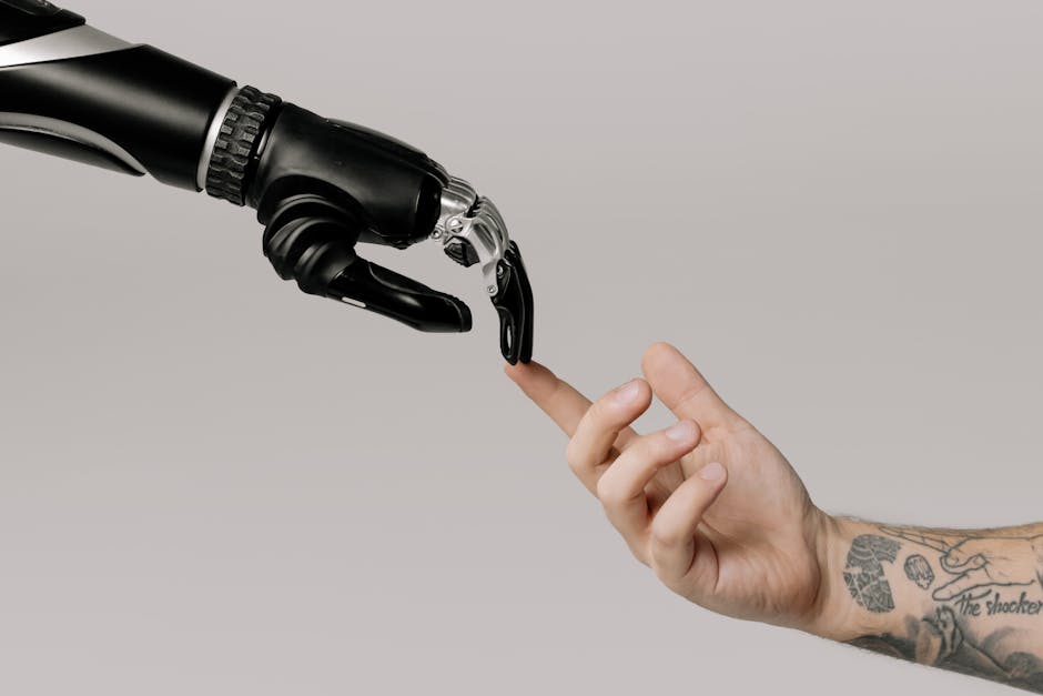 robot hand touching creative lightbulb
