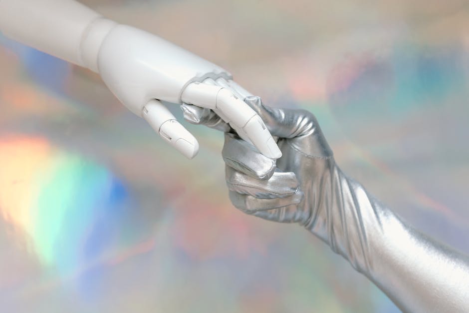 robot hand touching human hand digital