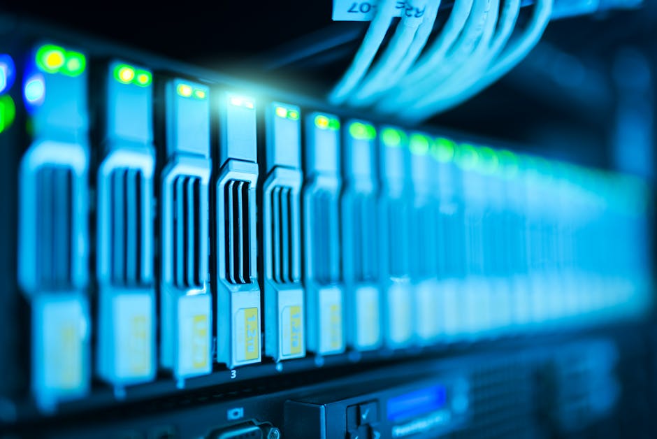 server room with glowing lights and data visualization