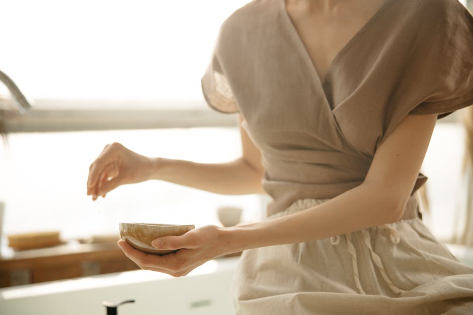 Stylish woman in linen clothing ethnic accessories