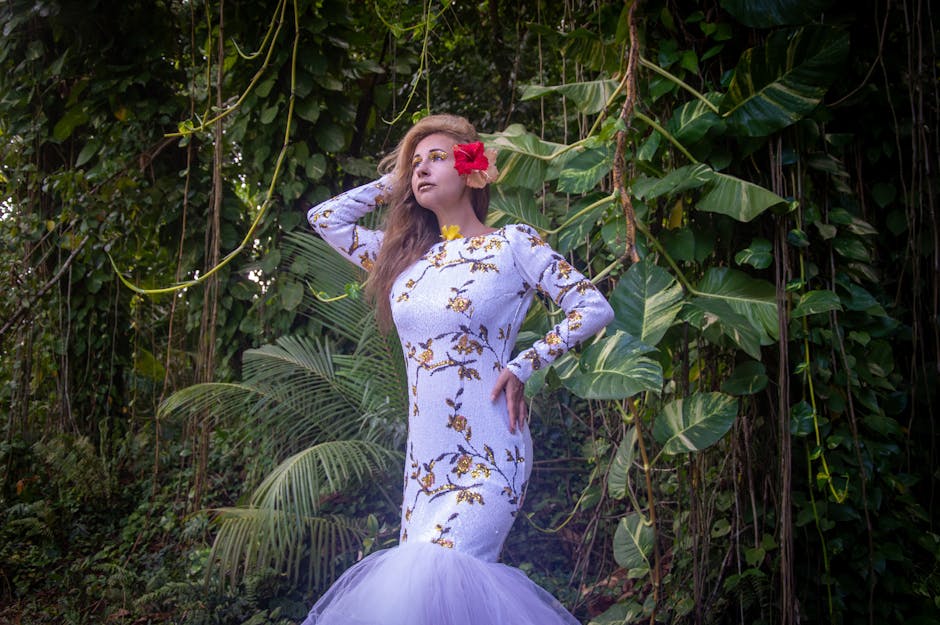 Tropical print sustainable fashion model