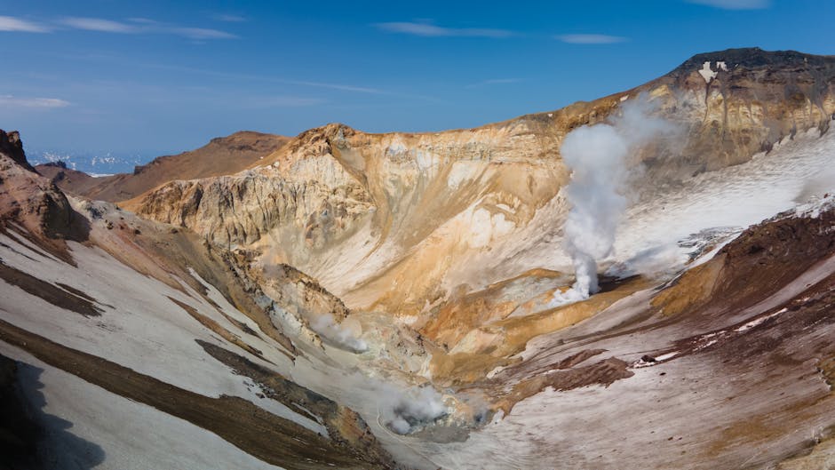 volcanic landscape of Kamchatka with steam