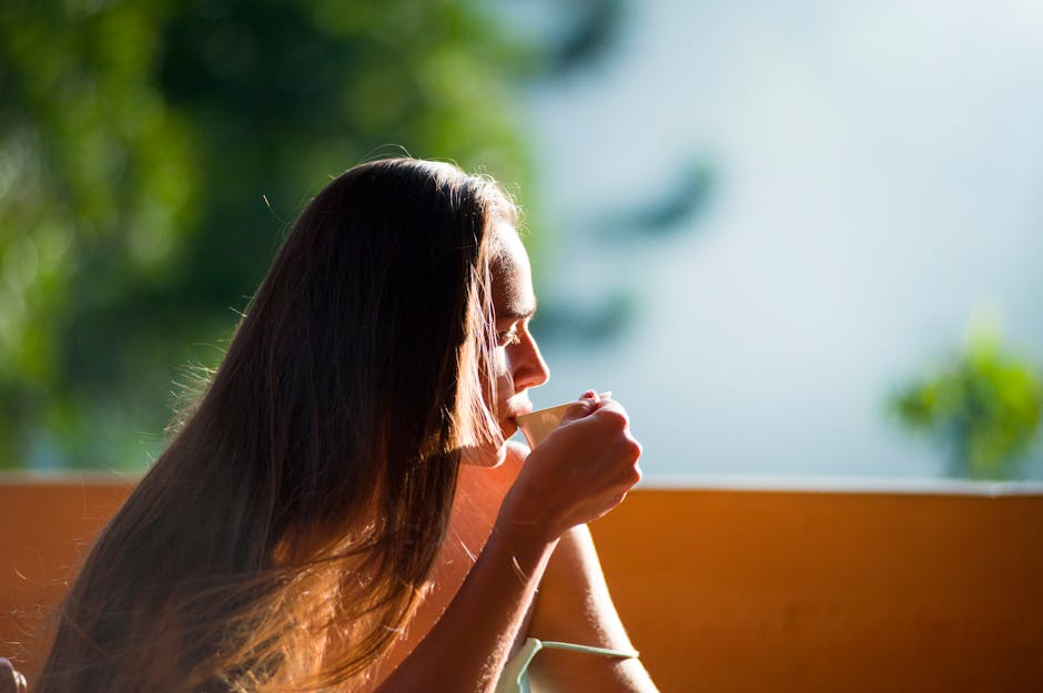 Woman drinking tea peaceful rural Ukraine