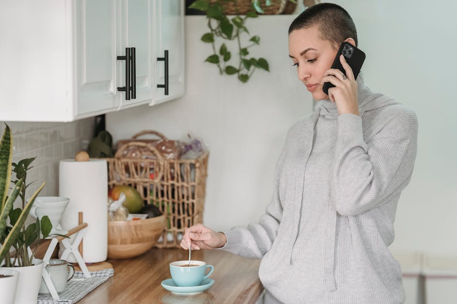 Woman enjoying coffee in organized home