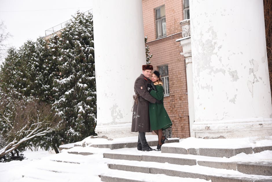 woman in elegant Russian-inspired coat in winter city