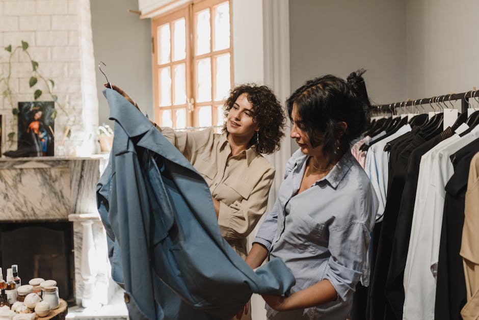 woman looking at outfit options with table