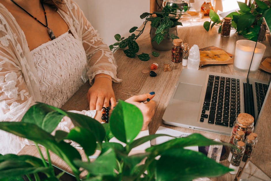 woman meditating home office