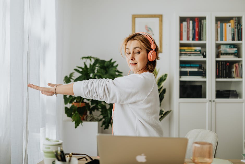 woman stretching home office