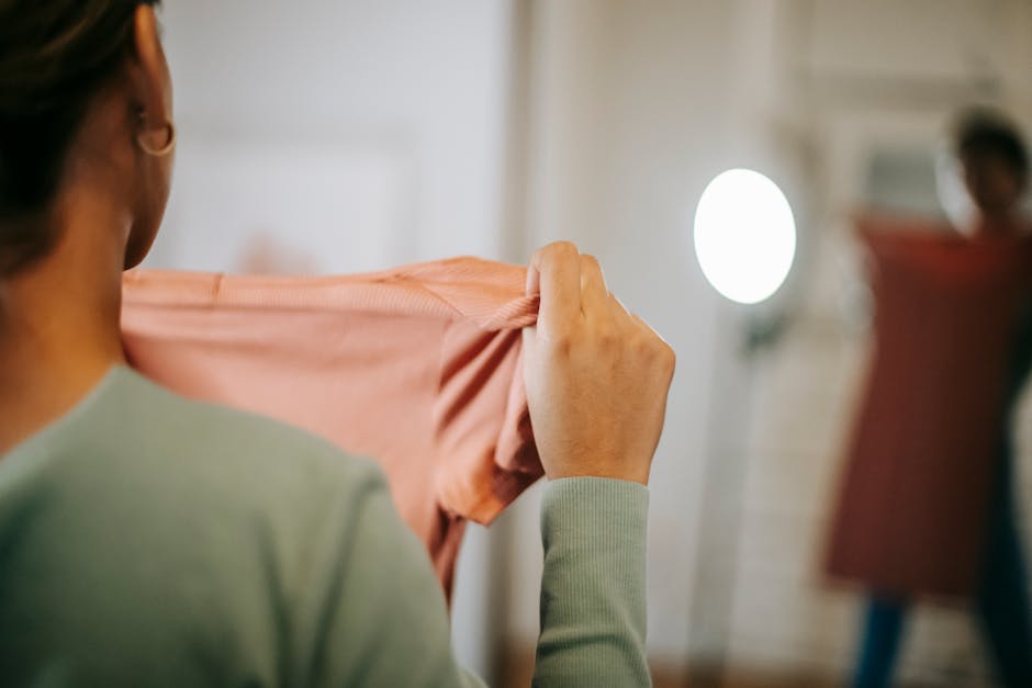 woman trying on linen dress