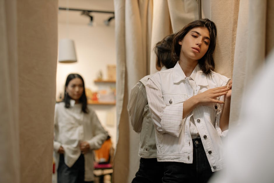 woman trying on thrift store clothes