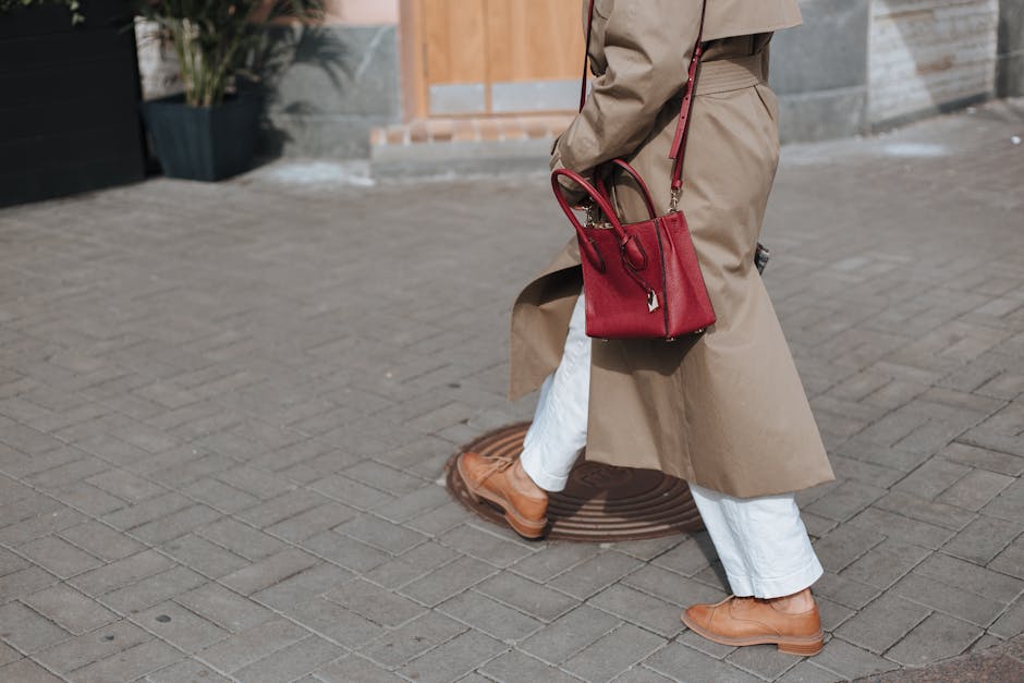 woman walking with classic leather handbag