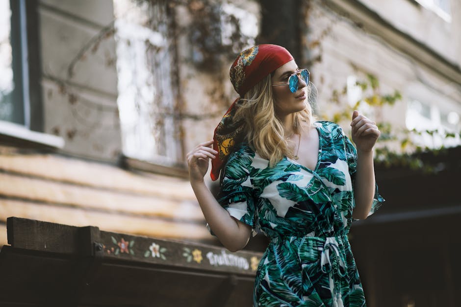 woman wearing tropical print outfit