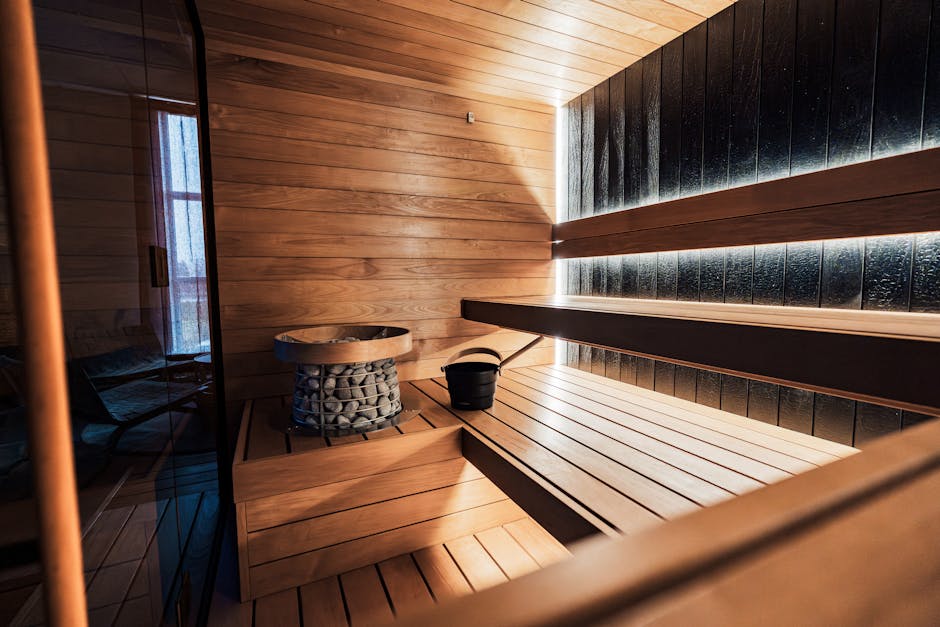 wooden sauna interior with buckets