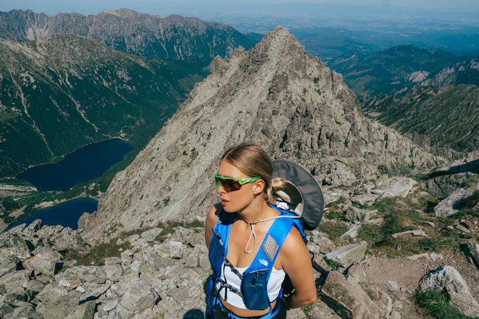 young woman hiking scenic polish mountains